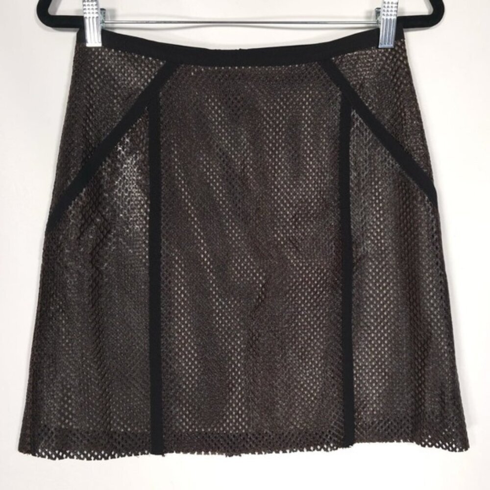 Sachin +‎ Babi Laser Cut Crosshatch LEATHER A-Line Mini Skirt Brown Black Size 6